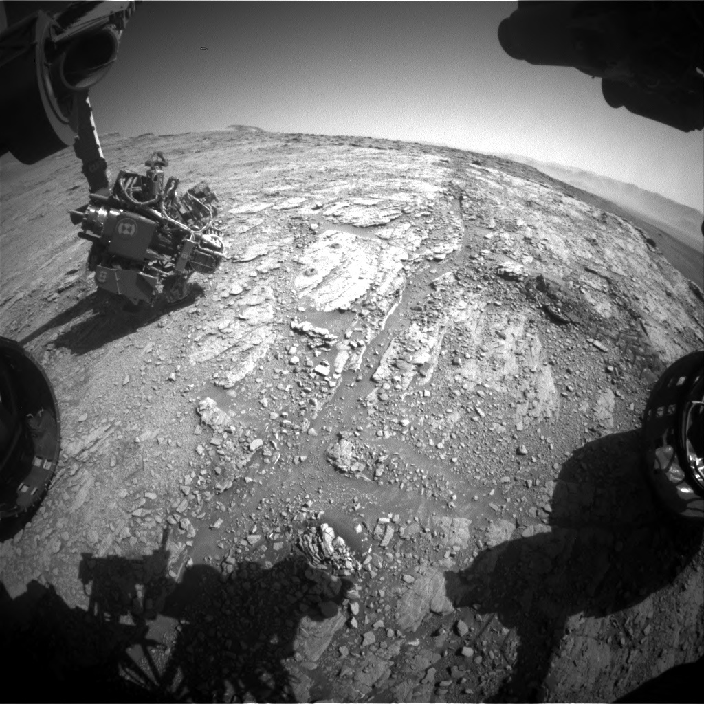 Front Hazcam image of the APXS in place over the Glen Etive 2 drill fines dumped from the drill bit assembly. Glen Etive 1 and 2 drill holes can be seen to the right.