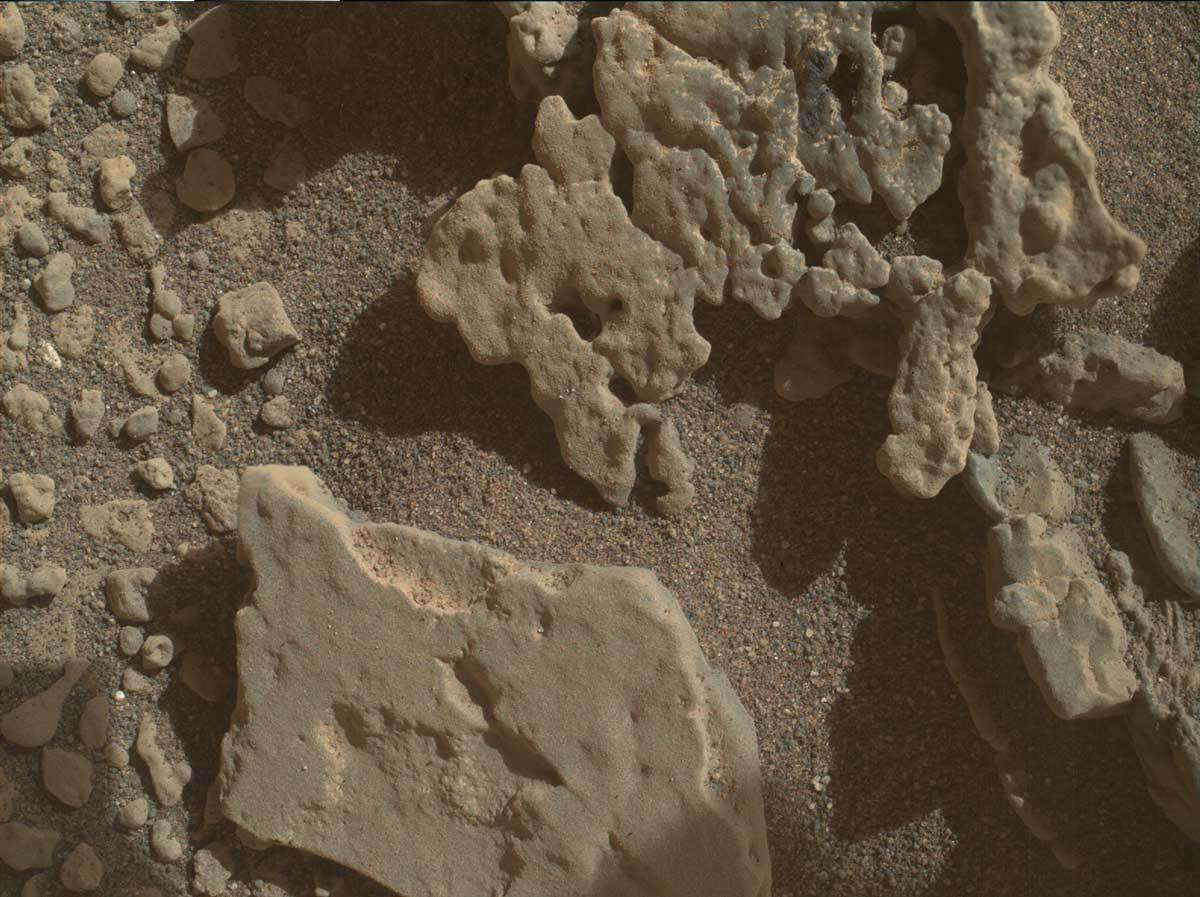 ~5 cm standoff focus merge MAHLI image of the Dumbartonshire vein target. The irregular textured area to the top and slightly right of centre of the image is where the APXS will target in this plan. Note the darker area where ChemCam previously shot this target. 