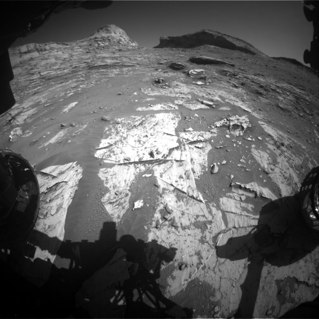 This is a black and white image of the sandy, rocky surface of Mars.