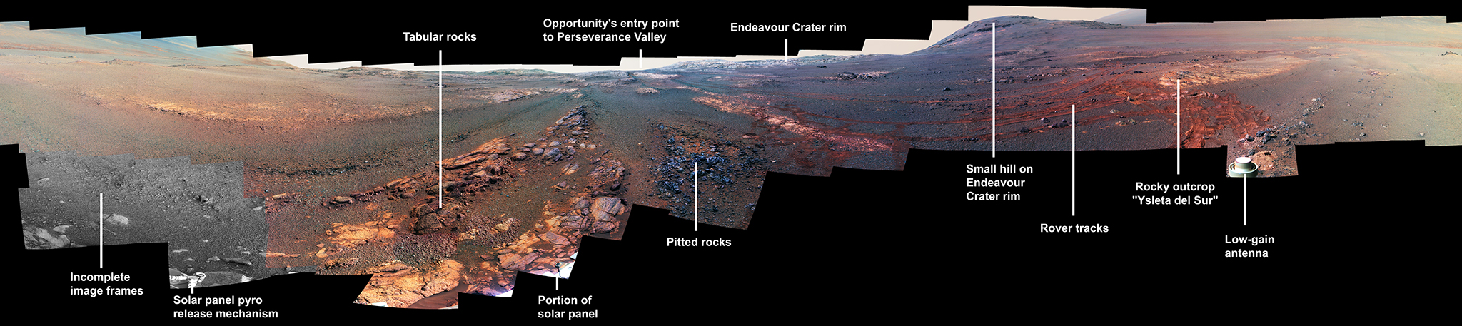 This image is a cropped version of the last 360-degree panorama taken by the Opportunity rover's Panoramic Camera (Pancam) from May 13 through June 10, 2018. The view is presented in false color to make some differences between materials easier to see.