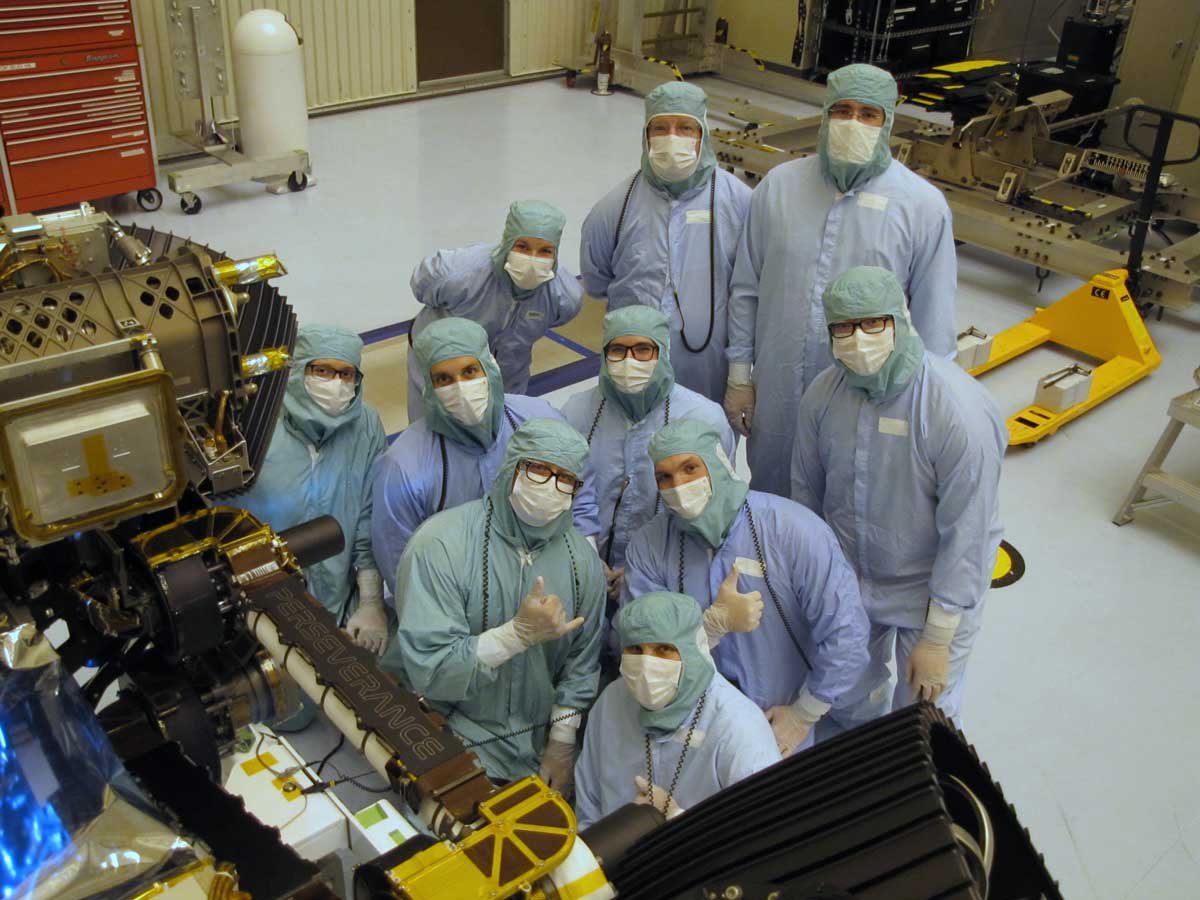 Members of JPL's assembly, test and launch operations team for NASA's Perseverance mission show appreciation for their newly named rover.