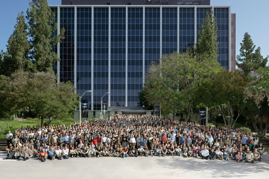 Members of the Mars 2020 Perseverance rover mission pose at NASA's Jet Propulsion Laboratory, which manages the mission, on July 17, 2019.