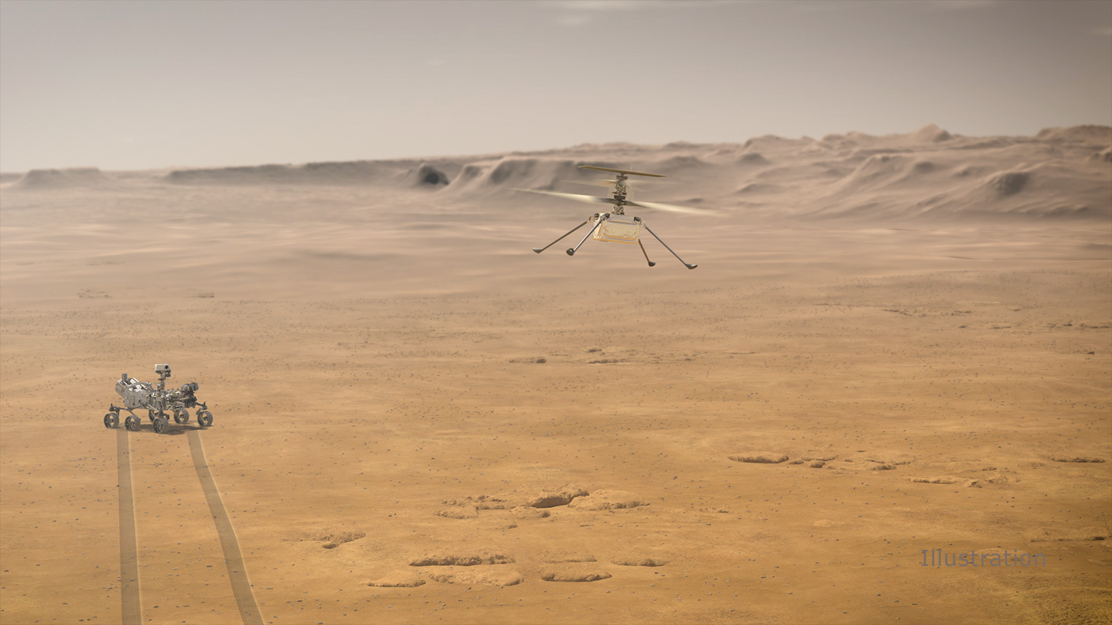 When NASA's Ingenuity Mars Helicopter attempts its first test flight on the Red Planet, the agency's Mars 2020 Perseverance rover will be close by, as seen in this artist's concept.