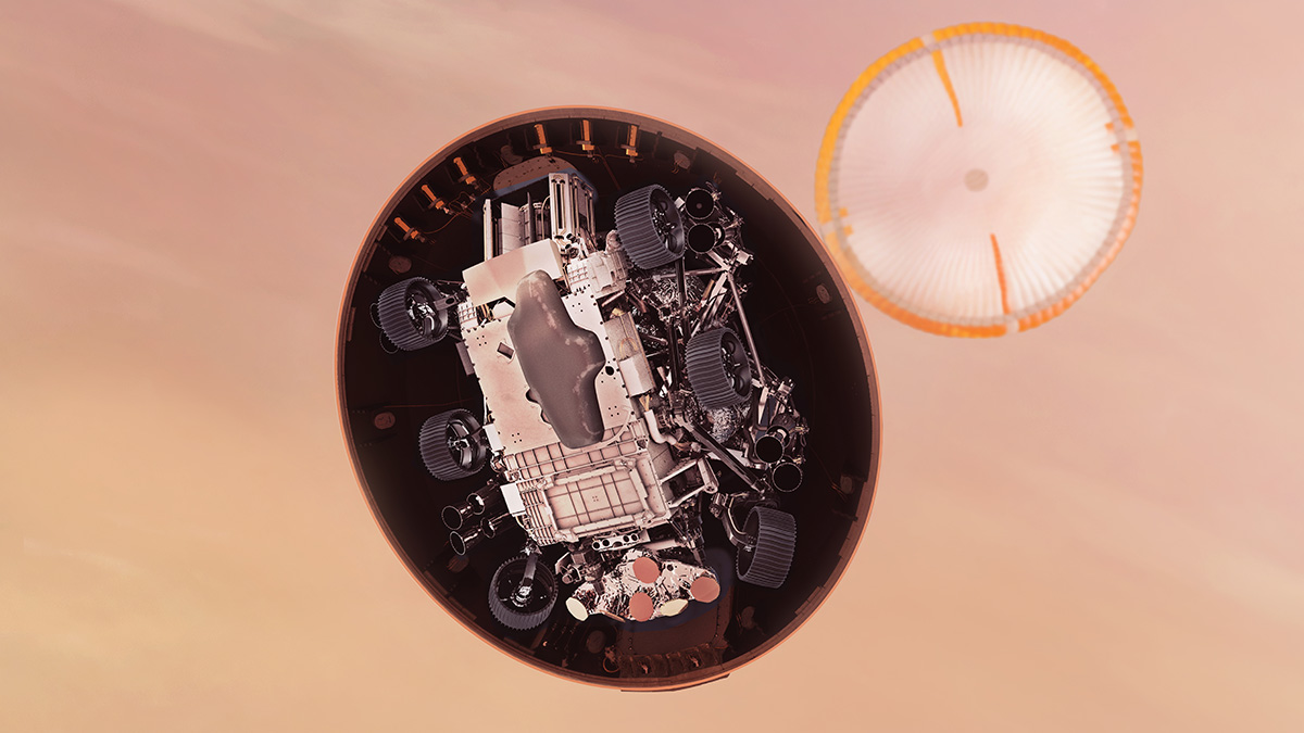 In this illustration, NASA’s Perseverance rover is very close to the Martian surface