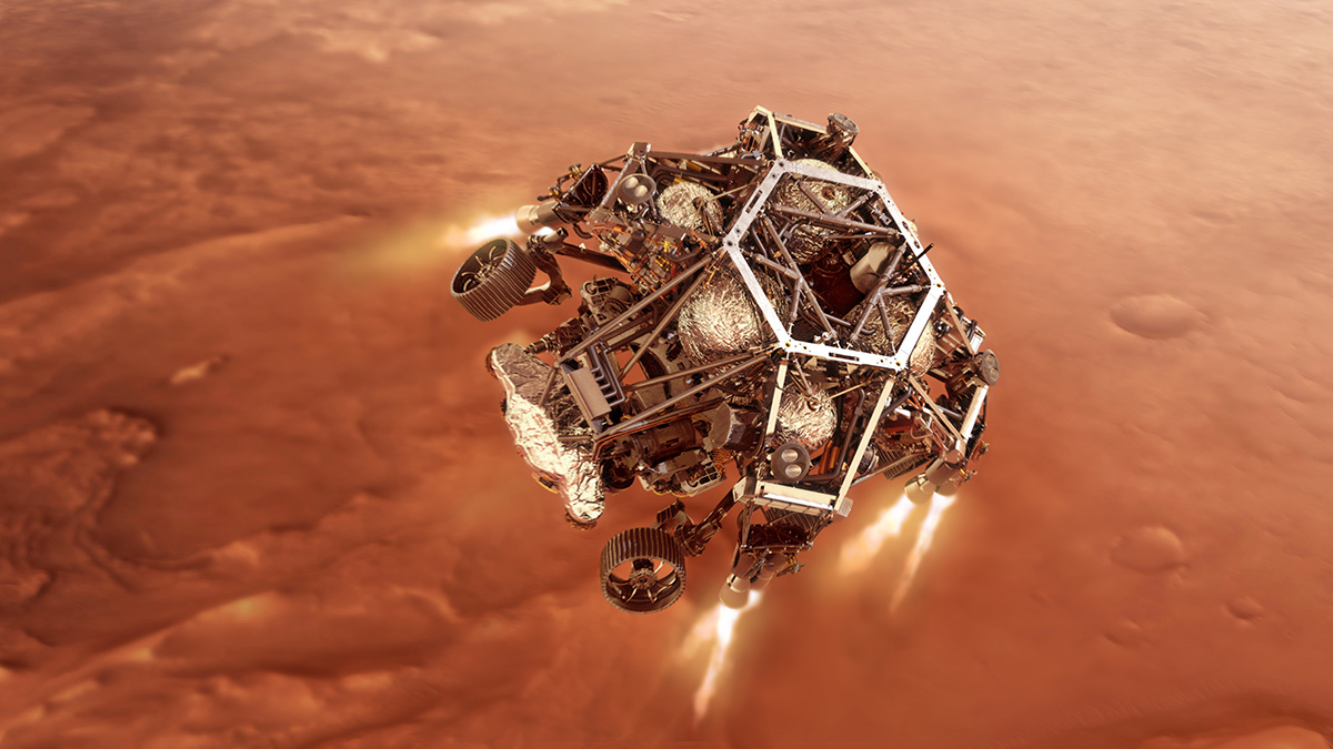 An illustration of NASA’s Perseverance rover as it fires up its descent stage engines