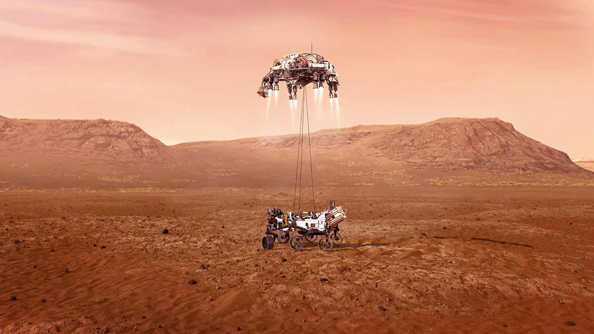 An illustration of NASA’s Perseverance rover landing safely on Mars. Hundreds of critical events must execute perfectly and exactly on time for the rover to land safely on Feb. 18, 2021.