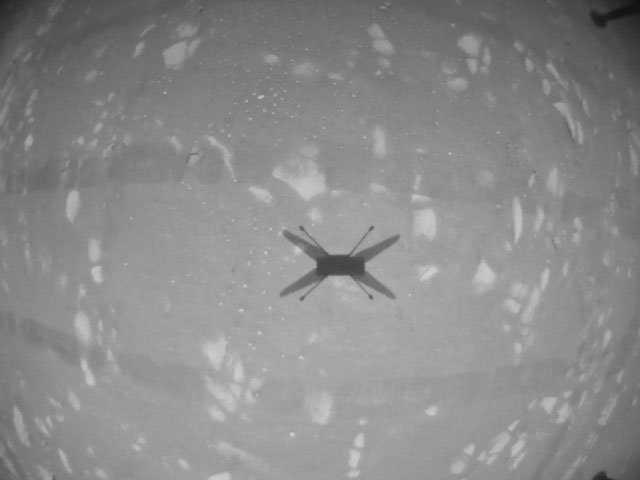 This black and white image was taken by NASA’s Ingenuity helicopter during its third flight on April 25, 2021.
