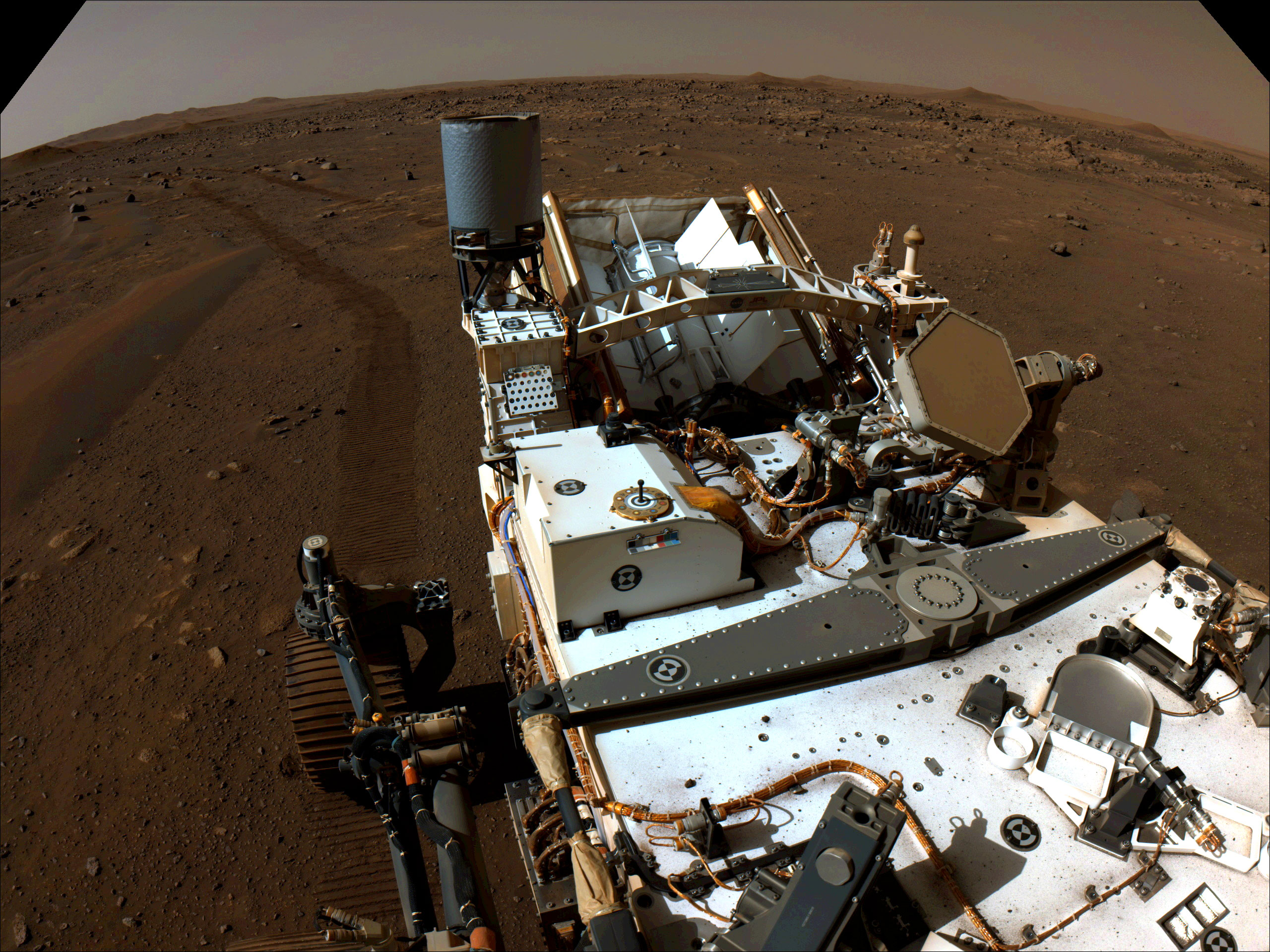 NASA’s Perseverance Mars rover looks back toward its tracks on July 1, 2021 (the 130th sol, or Martian day, of its mission), after driving autonomously 358 feet (109 meters) – its longest autonomous drive to date.