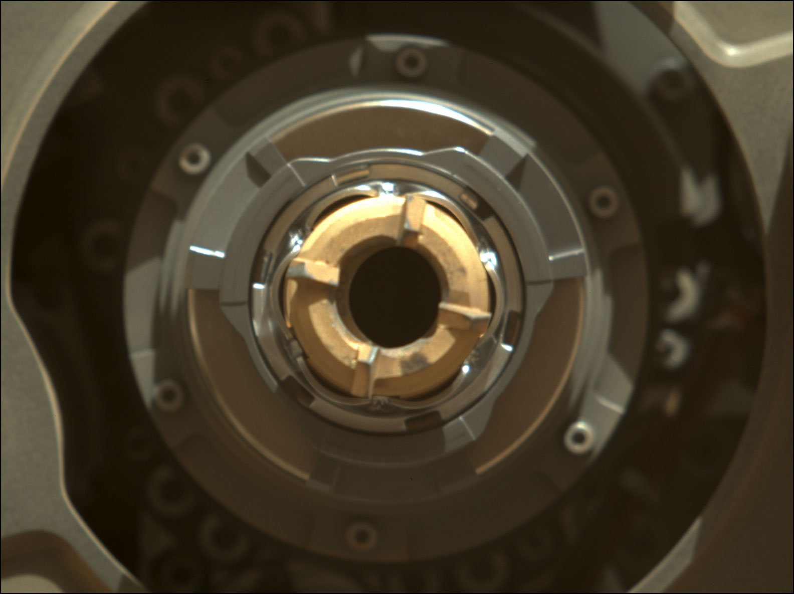 Taken Sept. 1 by Mastcam-Z after Perseverance's sample-coring activities, this image shows the rover's drill with no cored rock sample evident in the sample tube.