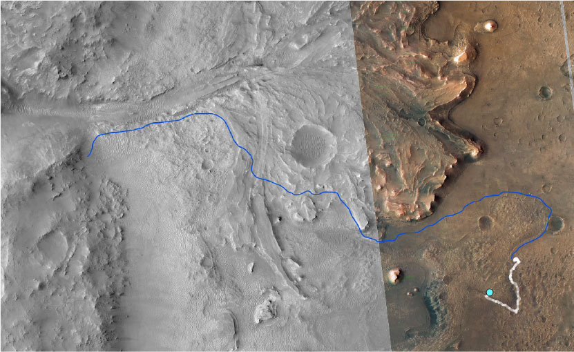 This annotated image from NASA’s Mars Reconnaissance Orbiter (MRO) shows the journey NASA’s Perseverance rover has taken and will take in the future as it heads toward Jezero Crater’s delta on Mars.