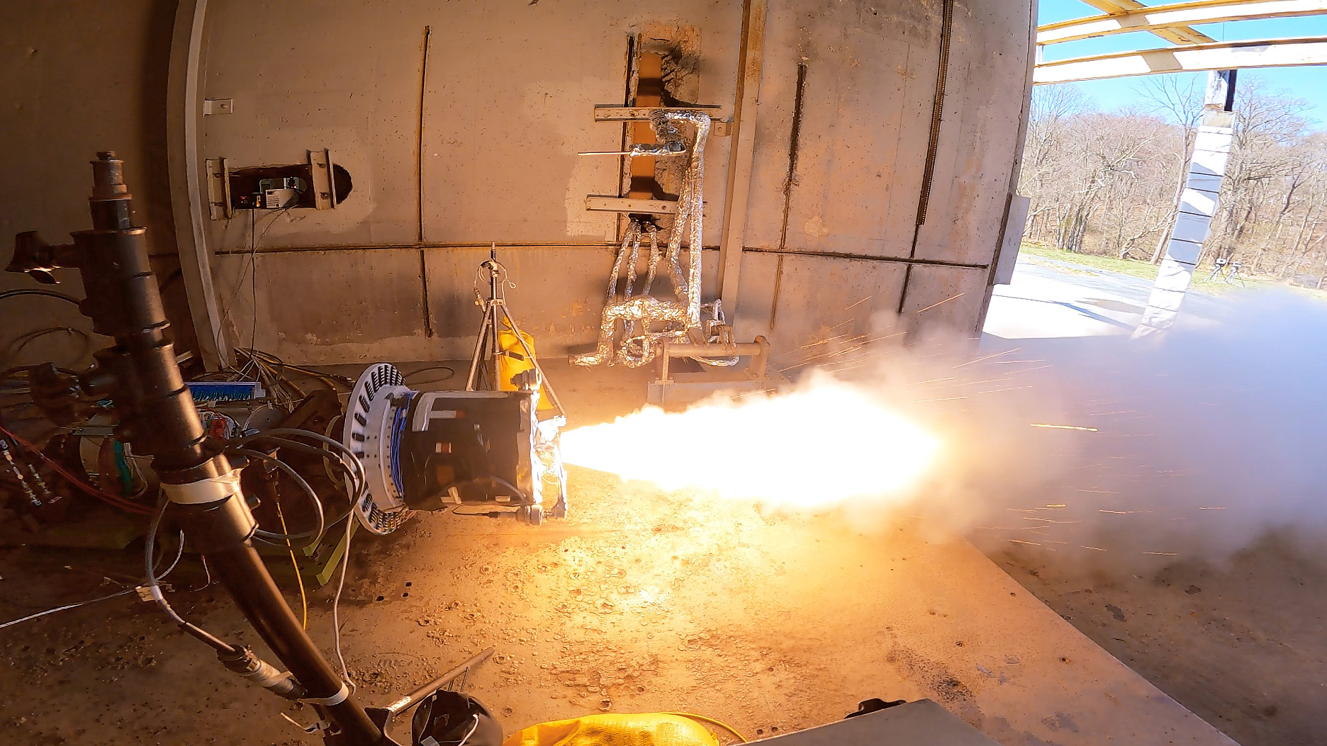 A development motor based on the second-stage solid rocket motor design for NASA’s Mars Ascent Vehicle (MAV) undergoes testing March 29, at Northrop Grumman’s facility in Elkton, Maryland.