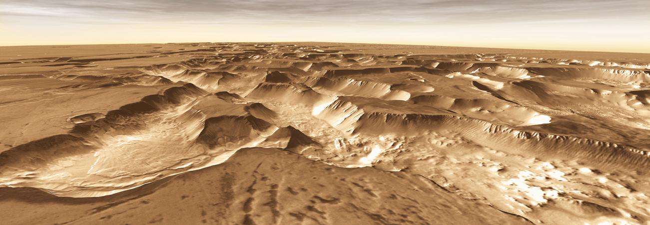 West of Valles Marineris lies a checkerboard named Noctis Labyrinthus, which formed when the Martian crust stretched and fractured.