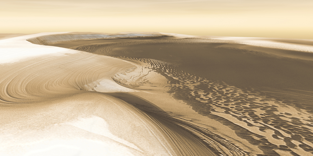 Chasma Boreale is a long, flat-floored valley that cuts deep into Mars' north polar icecap