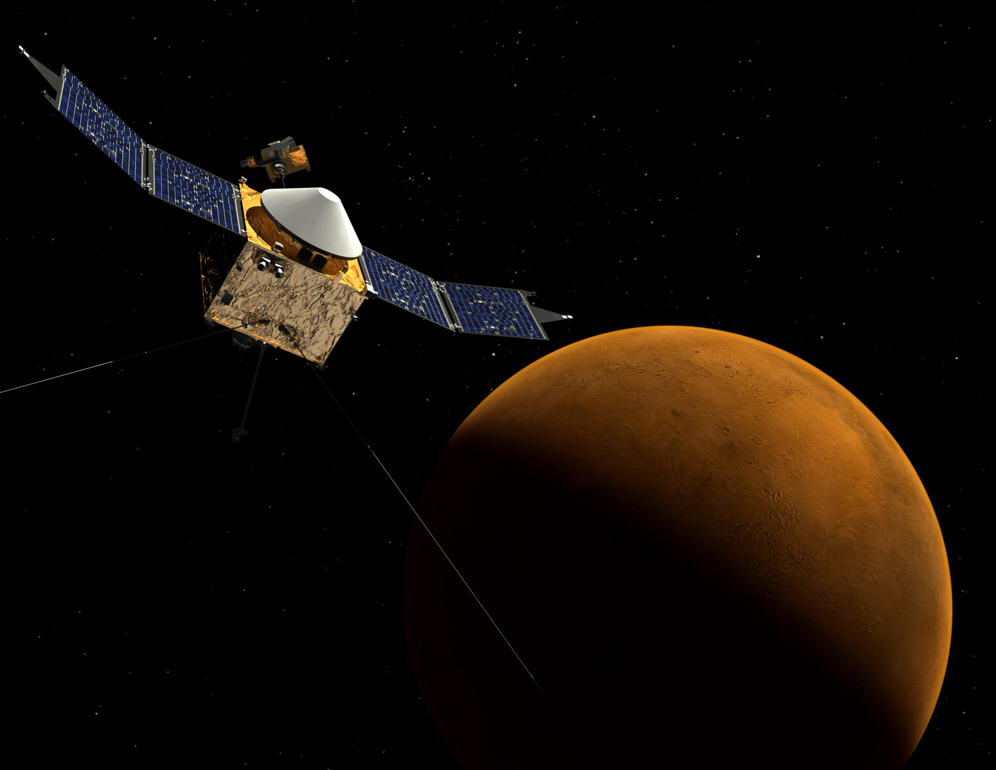 This artist's concept depicts NASA's Mars Atmosphere and Volatile EvolutioN (MAVEN) spacecraft near Mars.