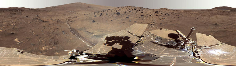 This beautiful scene reveals a tremendous amount of detail in Spirit's surroundings at a place called "Winter Haven," where the rover spent many months parked on a north-facing slope in order to keep its solar panels pointed toward the sun for the winter. During this time, it captured several images to create this high resolution panorama.