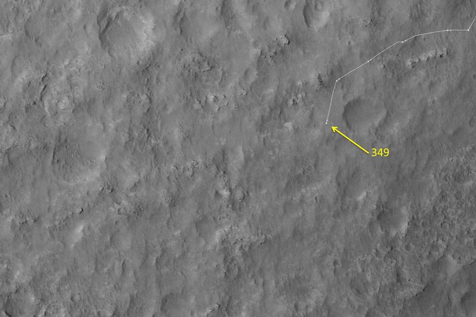 This map shows the route driven by NASA's Mars rover Curiosity through the 349 Martian day, or sol, of the rover's mission on Mars (July 30, 2013).