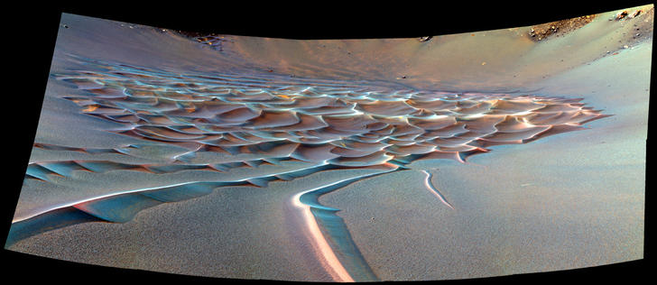As Opportunity crept farther into "Endurance Crater," the dune field on the crater floor appears even more dramatic, as seen in this false-color image.