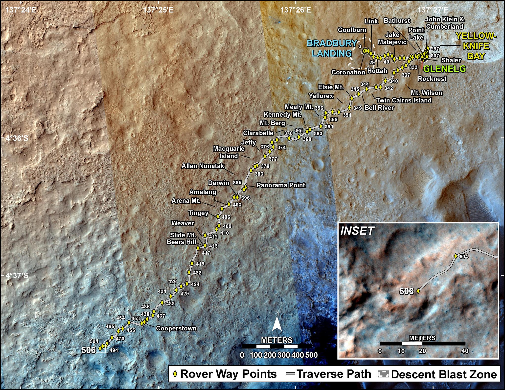 This map shows the route driven by NASA's Mars rover Curiosity through the 506 Martian day, or sol, of the rover's mission on Mars (January 8, 2014).