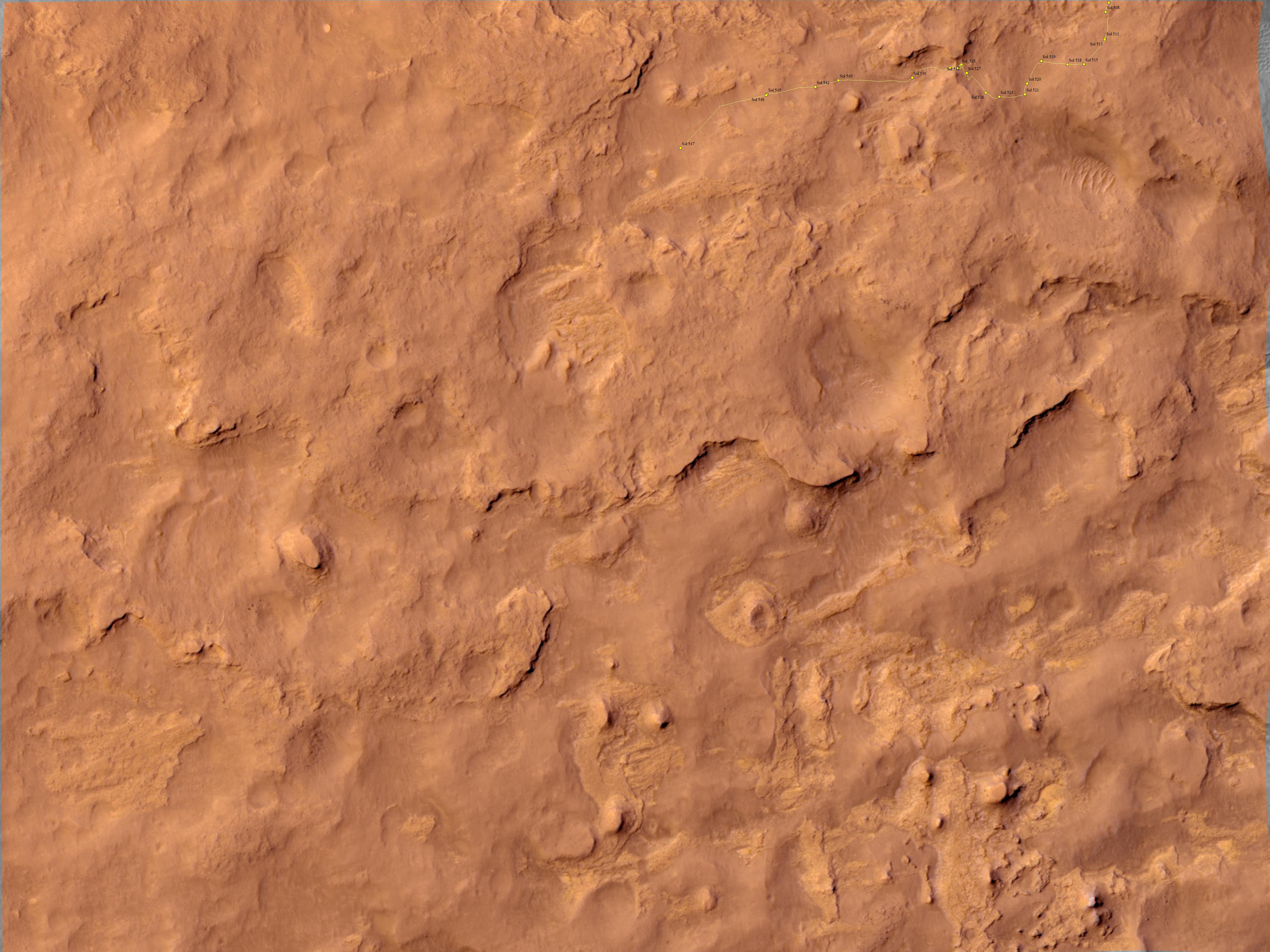 This map shows the route driven by NASA's Mars rover Curiosity through the 547 Martian day, or sol, of the rover's mission on Mars (February 19, 2014).