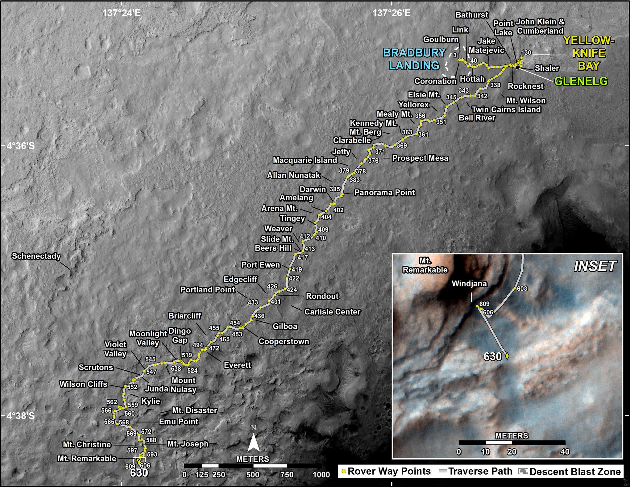 This map shows the route driven by NASA's Mars rover Curiosity through the 630 Martian day, or sol, of the rover's mission on Mars (May 15, 2014).