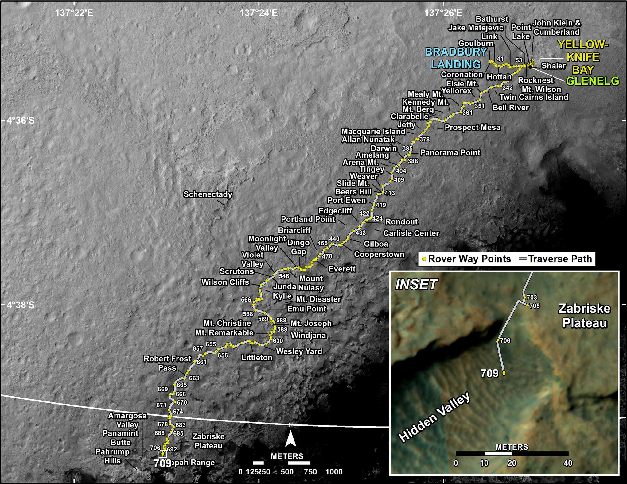 This map shows the route driven by NASA's Mars rover Curiosity through the 709 Martian day, or sol, of the rover's mission on Mars (August 4, 2014)
