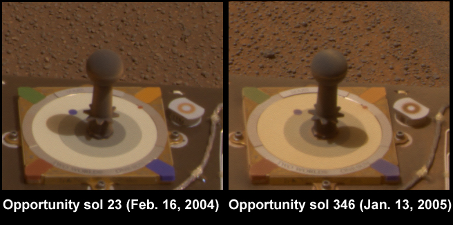 Since landing on Mars a year ago, NASA's pair of six-wheeled geologists have been constantly exposed to martian winds and dust.