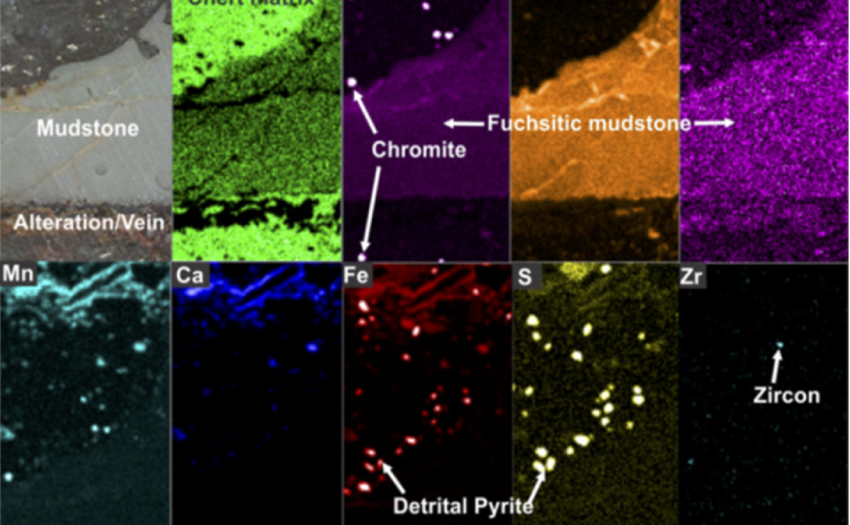 PIXL breadboard maps of a paleoarchean altered conglomerate with unconformity surface, revealing complex lithology including rounded pyrite, chromite, zircon, K-Al-Cr clay in the fuchsitic mudstone, Mn,Fe,Ca-carbonate in alteration vein, silicification of the conglomerate matrix. Map size is 20 mm by 10 mm with a step size of 0.15 mm