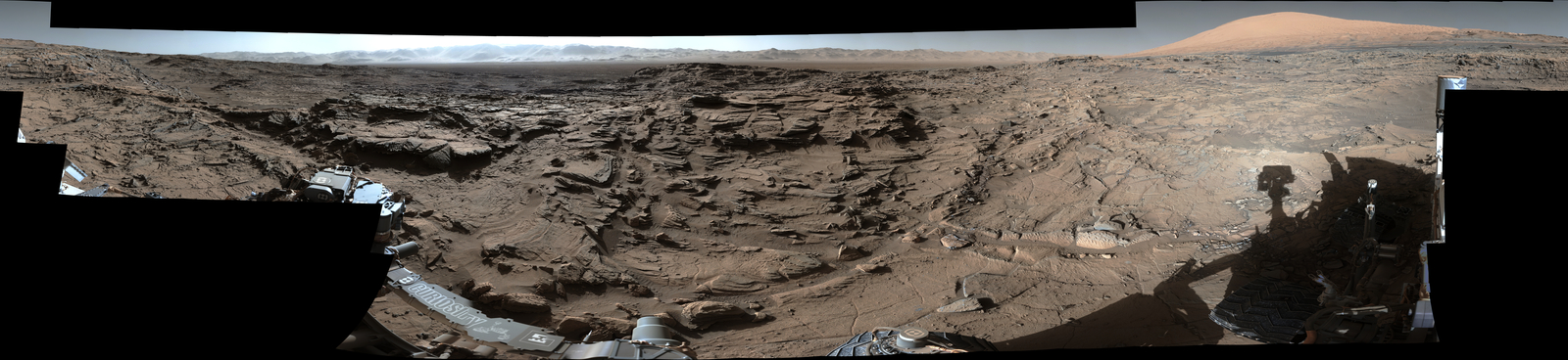 This 360-degree panorama from the Mastcam on NASA's Curiosity Mars rover shows the rugged surface of 'Naukluft Plateau' plus upper Mount Sharp at right and part of the rim of Gale Crater. The April 4, 2016, scene is dominated by eroded remnants of a finely layered ancient sandstone deposit.