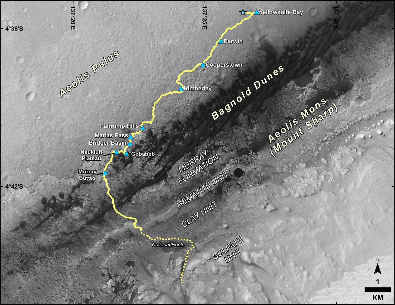 This map shows the route driven by NASA's Curiosity Mars rover from the location where it landed in August 2012 to its location in September 2016 at "Murray Buttes," and the path planned for reaching destinations at "Hematite Unit" and "Clay Unit" on lower Mount Sharp.