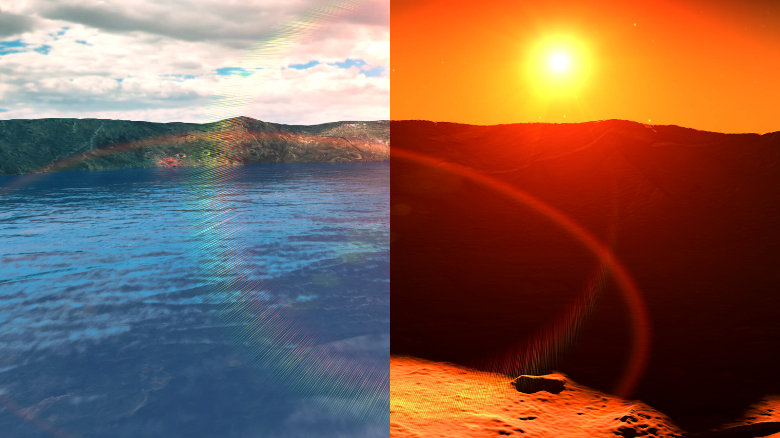 This artist's concept depicts the early Martian environment (left) - believed to contain liquid water and a thicker atmosphere - versus the cold, dry environment seen at Mars today (right).